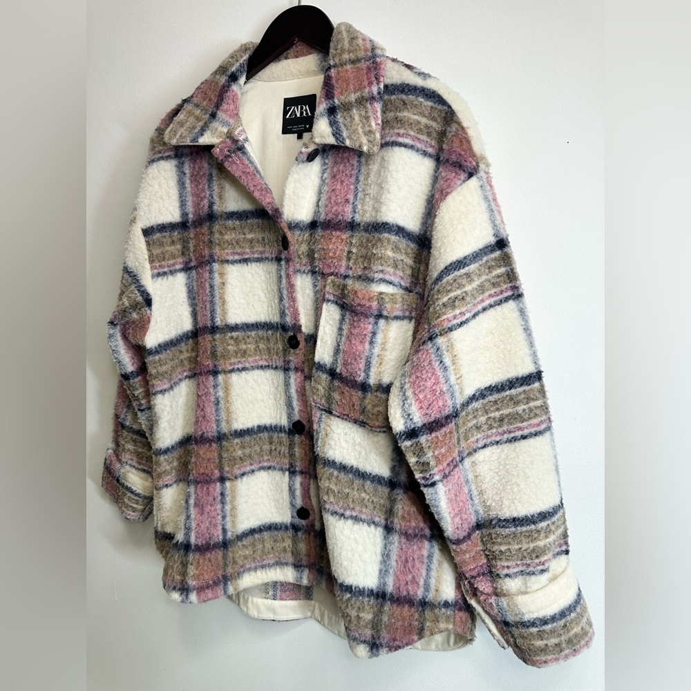 ZARA Plaid Oversized Pink Tan and Blue Shacket Size Large - Picture 4 of 10